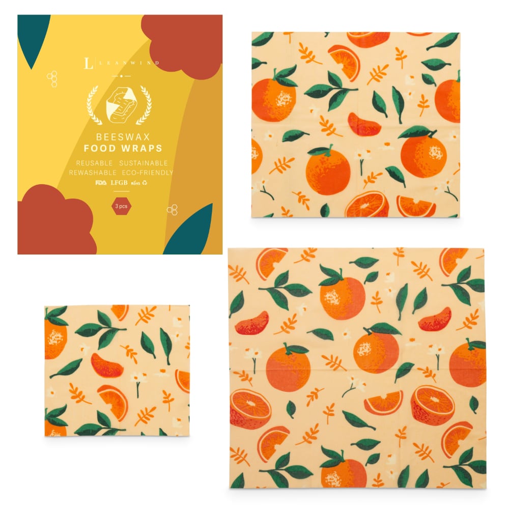 Beeswax Food Wraps | 3 Pack Reusable and Eco-Friendly Organic Bees Wax Paper in Orange Slice Fruit Pattern