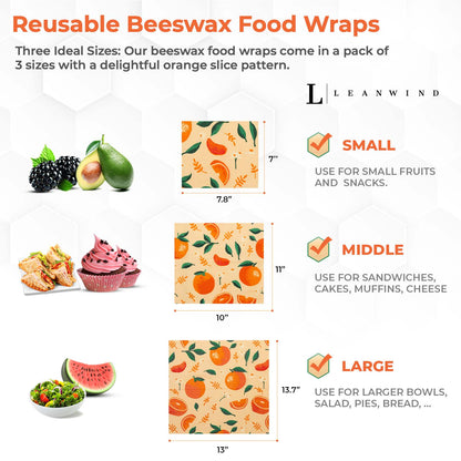 Infographic showing three sizes of reusable beeswax food wraps with orange slice pattern. Small (7.8&quot; x 7&quot;), Middle (10&quot; x 11&quot;), and Large (13&quot; x 13.7&quot;) sizes are displayed with corresponding food items and usage suggestions. Leanwind logo at top.