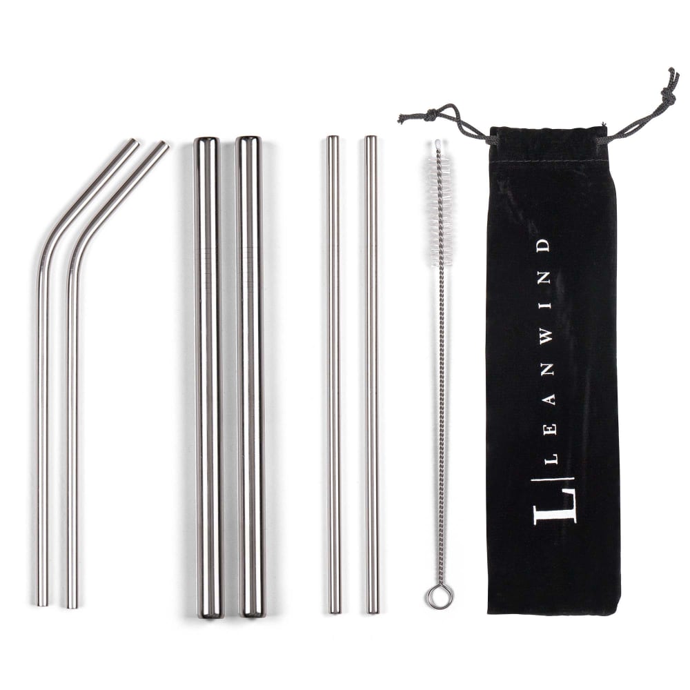 Leanwind reusable straw set featuring six stainless steel straws of varying lengths and shapes, a cleaning brush, and a black drawstring carrying bag with the Leanwind logo, all arranged on a white background.