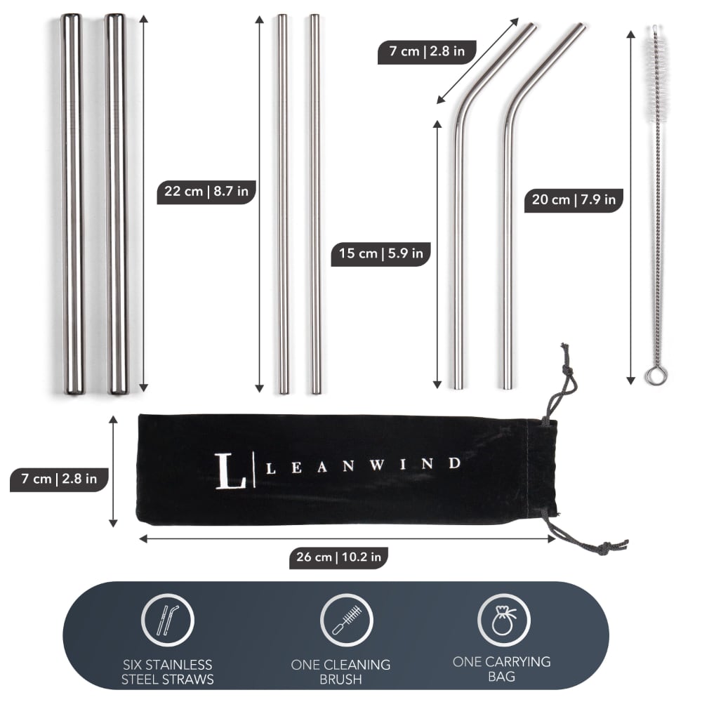 Infographic showing Leanwind reusable straw set. Six stainless steel straws of varying lengths and shapes, a cleaning brush, and a black carrying bag with Leanwind logo. Dimensions are provided for each item. Icons at bottom indicate set contents: six straws, one cleaning brush, and one carrying bag.